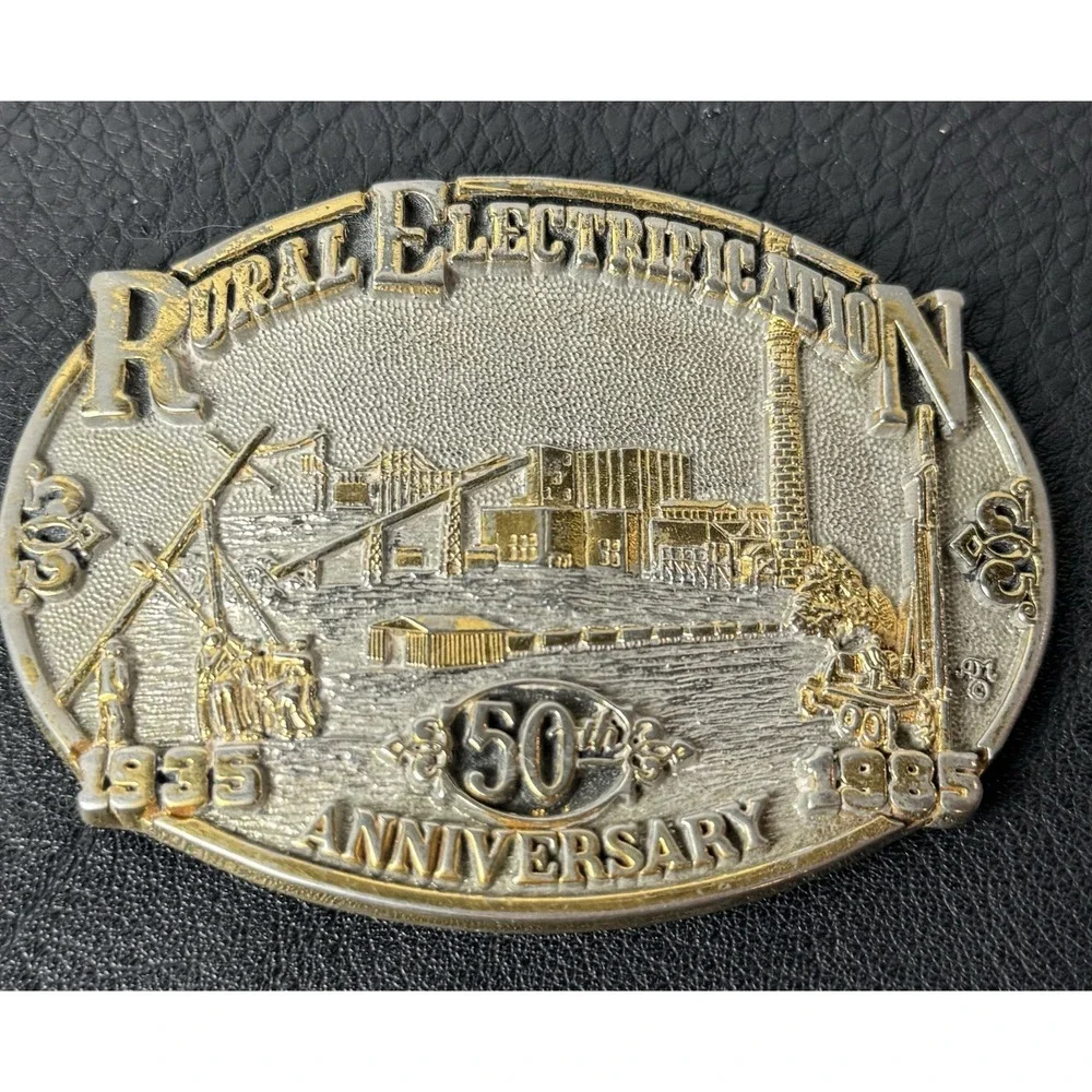 Rural Electrification Project Workers IBEW Solid Brass 1980's Belt Buckle Rare